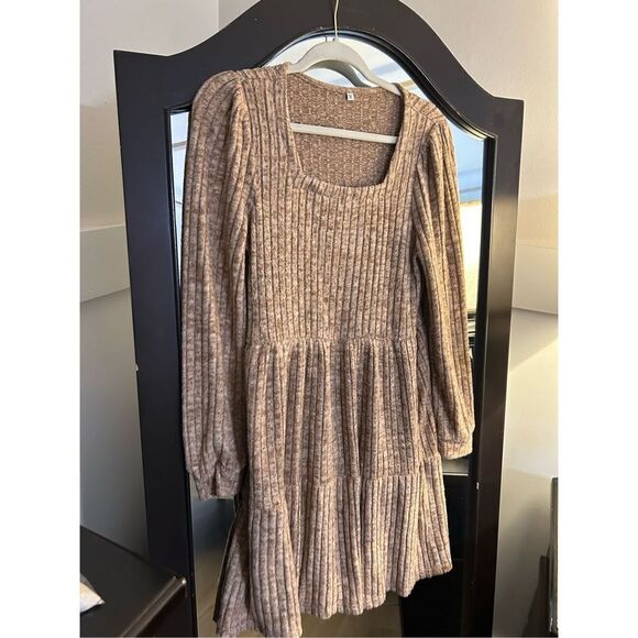 NEW Ribbed Square Neck Puff Sleeve Tie Waist Dress M - Picture 4 of 5